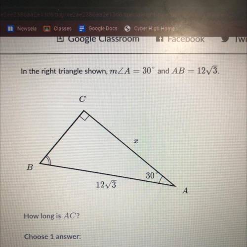 In the right triangle shown, m A = 30° and AB = 12V3.

х
B
30
123
A
How long is AC?