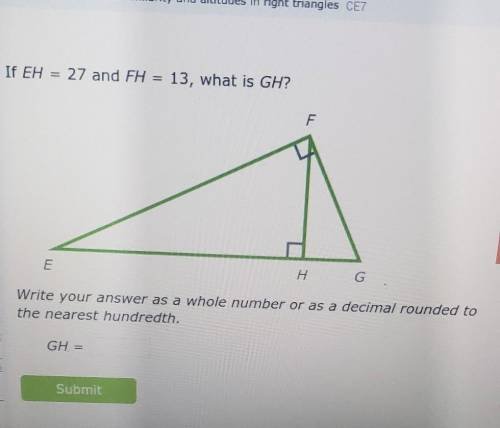 If EH = 27 and FH =13, what is GH? Write your answer as a whole number or as a decimal rounded to t