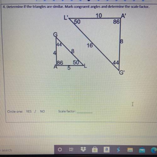 Determine if the triangles are similar. Mark congruent angles and determine the scale factor.