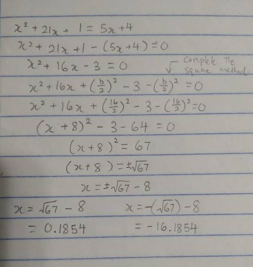 X^2+21x+1=5x+4
solve by completing the square show all work
(will give brainliest)