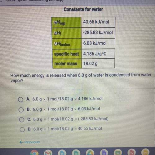 How much energy is released when 6.0 g of water is condensed from water

vapor?
A. 6.0 g x 1 mol/1