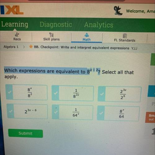 Which expressions are equivalent to 8^x-2?