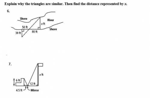 Explain why the triangles are similar then find the distance represented by x