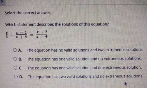 Which statement describes the solutions of this equation? 5 + + I + 3 1 T + 4 O A. The equation has