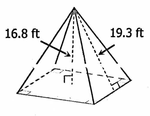 A square base pyramid is shown below. Find its surface area. Round to the nearest tenth