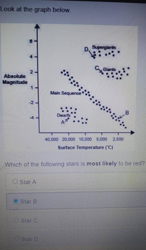 Look at the graph below.

Supergiants Giants Absolute Magnitude Main Sequence B Dwarfs 40,000 20,0