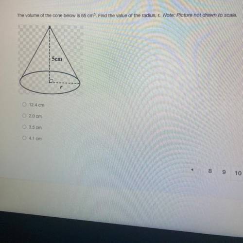 The volume of the cone below is 65cm^3. Find the value of the radius, r