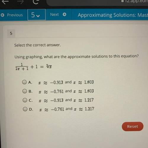Select the correct answer.

Using graphing, what are the approximate solutions to this equation?
1