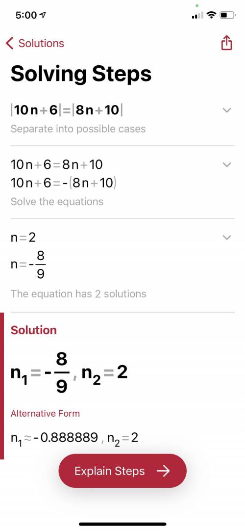 Solve:|10n+6|=|8n+10|