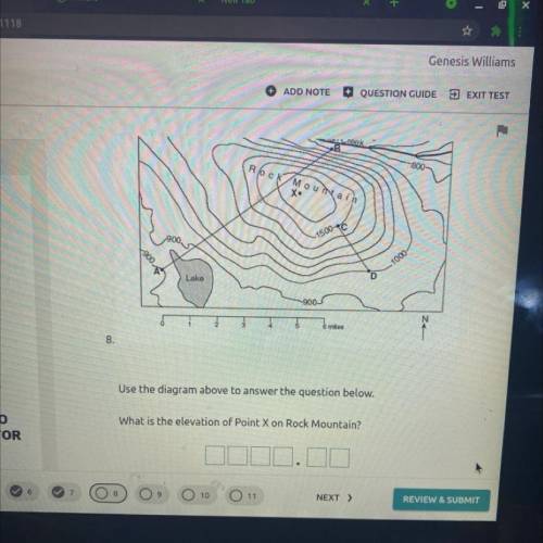 What is the elevation of point x on rock mountain ( Ik it's blury but please help for 30 points ) t
