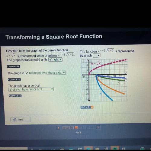 Describe how the graph of the parent function

y= nx is transformed when graphing y=-31x-6 .
The g