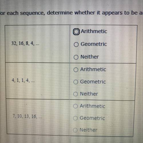 For each sequence, determine whether it appears to be arithmetic, geometric, or neither