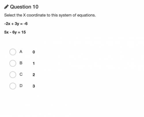 Select the X coordinate to this system of equations. -2x + 3y = -6. 5x - 6y = 15