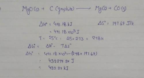 Calculate the standard free energy change, ΔG°, for the following at 25 °C:

MgO(s) + C(graphite) ®