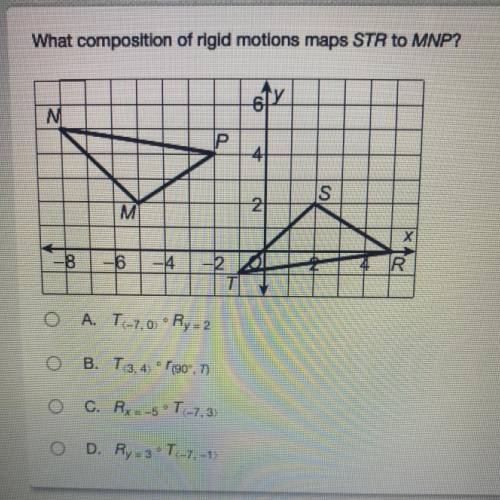 What composition of rigid motions maps STR to MNP?

A. T<-7,0>° Ry = 2
B. T<3,4>°R(90,