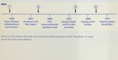 Help!!!

Where on the timeline does the rise of the Texas cattle industry and the long drive of