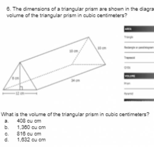 100

12
a.
What is the volume of the triangular prism in cubic centimeters?
a. 408 cu cm
b. 1,380