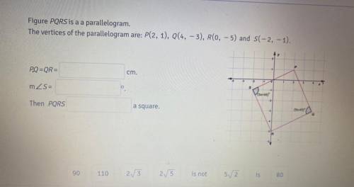 Figure PQRS is a parallelogram. The vertices of the parallelogram are: P(2, 1), Q(4, -3), R(0, -5)