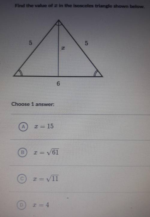 Find the value of x in the isosceles triangle shown below.​