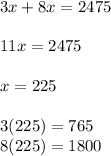 3x + 8x = 2475\\\\11x = 2475\\\\x=225\\\\3(225)=765\\8(225)=1800