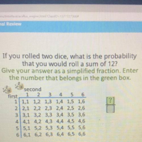 If you rolled two dice, what is the probability

that you would roll a sum of 12?
Give your answer