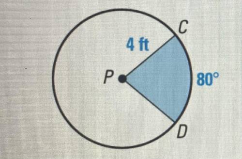 As shown in the diagram of Circle P below, PC = 4 feet and m CD = 80°. Determine, to the nearest te