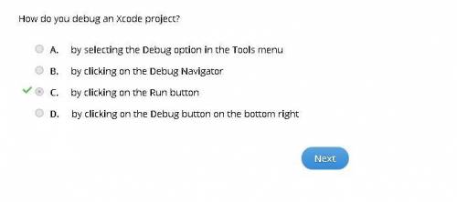 How do you debug an Xcode project?

A. 
by selecting the Debug option in the Tools menu
B. 
by cli