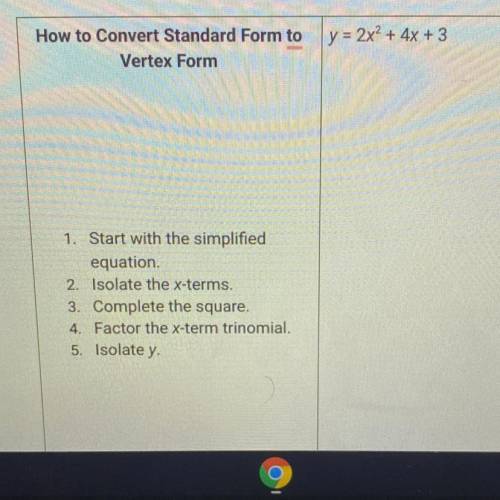How to Convert Standard Form to

y = 2x2 + 4x + 3
Vertex Form
1. Start with the simplified
equatio