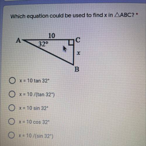 Which equation could be used to find x in triangle ABC?