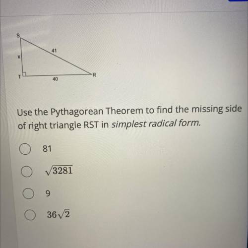 Use the Pythagorean Theorem to find the missing side

of right triangle RST in simplest radical fo