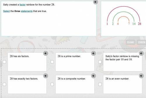 Sally created a factor rainbow for the number 28.

Select the three statements that are true.
(fro