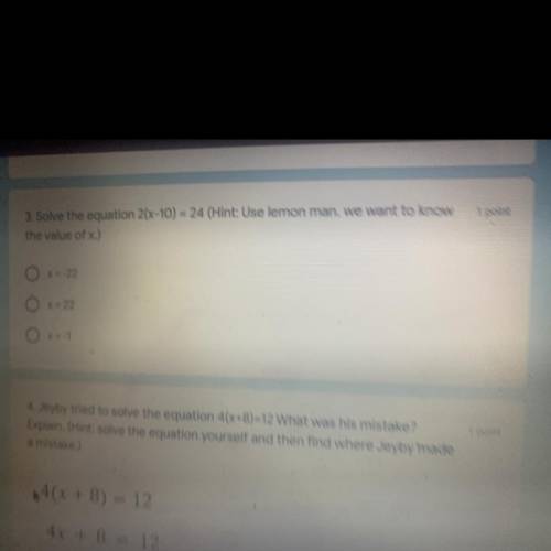 Solve the equation 2(x-10)= 24 , what is the value of x