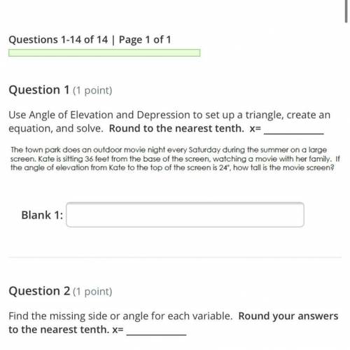 Use Angle of Elevation and Depression to set up a triangle, create an equation, and solve. Round to