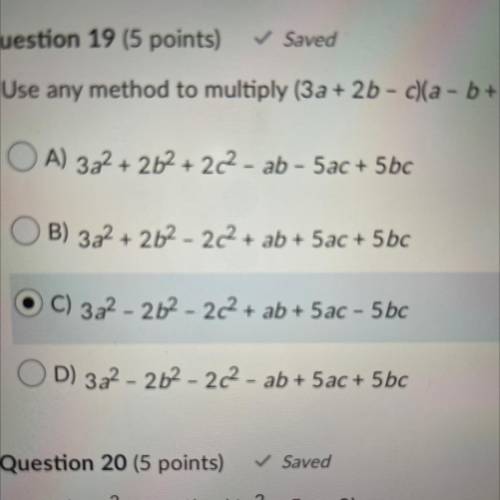 Use any method to multiply (3a + 2b - c)(a - b + 2c).