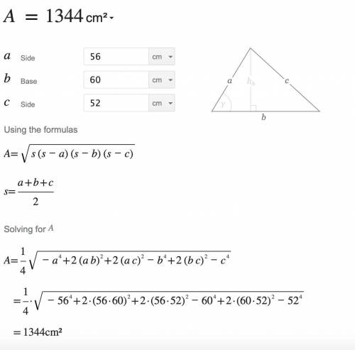 What is the area of a triangle with sides 56 cm, 60 cm and 52 cm?​