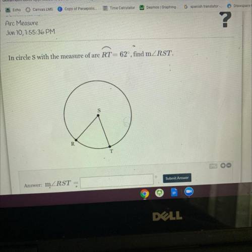In circle S with the measure of arc RT= 62°, find mZRST.