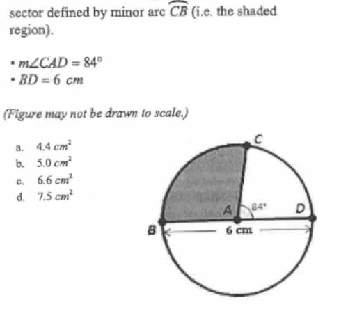 What is the approximate sector area of a sector defined by minor arc CB.