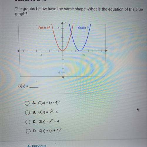 PLSSSS HELP IM IN A TEST!!

The graphs below have the same shape. What is the equation of the blue