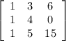 \left[\begin{array}{ccc}1&3&6\\1&4&0\\1&5&15\\\end{array}\right] \\