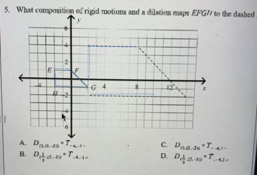 What composition of rigid motions and a dilation maps EFGH to the dashed figure. HELP QUICKLY