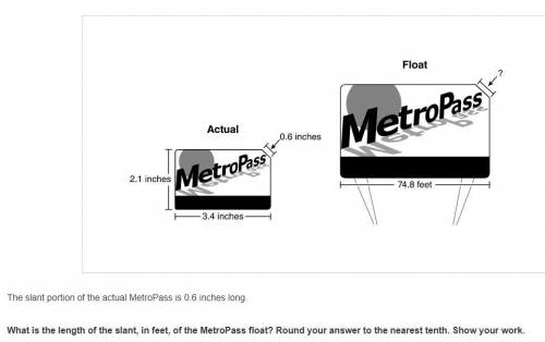 The slant portion of the actual MetroPass is 0.6 inches long. What is the length of the slant, in f