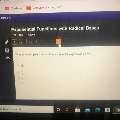 What is the simplified value of the exponential expression 273?
不
1
Ο Ο Ο
9