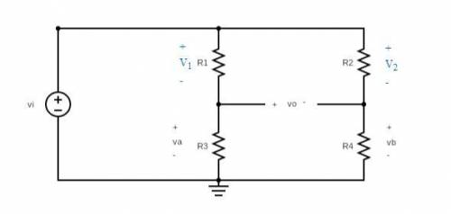 The voltage v0 can be found as the difference va and vb. Use KVL to demonstrate this and derive an