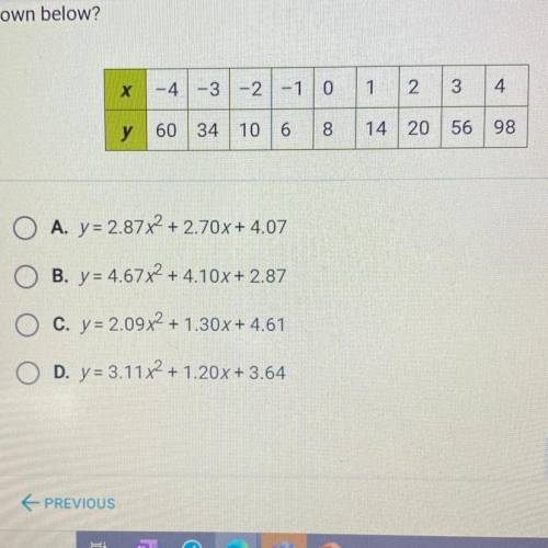 Which of the following quadratic regression equations best fits the data

shown below? 
Please hel