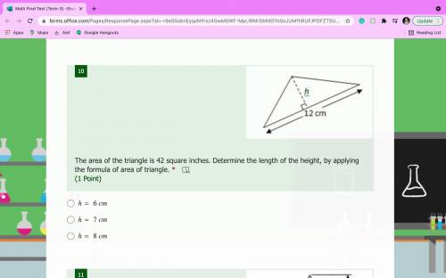 The area of the triangle is 42 square inches. Determine the length of the height, by applying the f