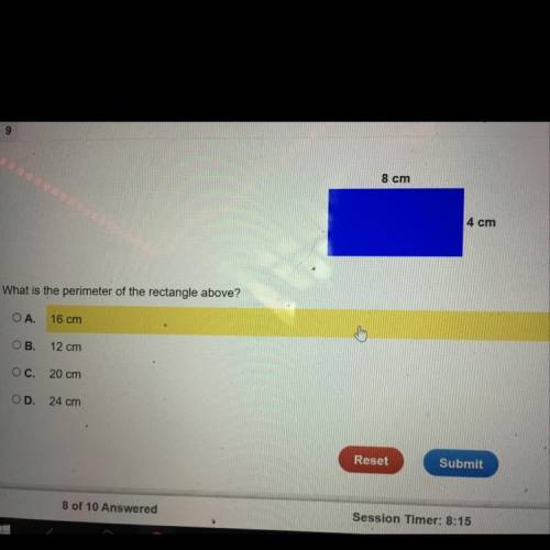 What is the perimeter of the rectangle above

A.16 cm
B.12 cm
C.20 cm 
D.24 cm