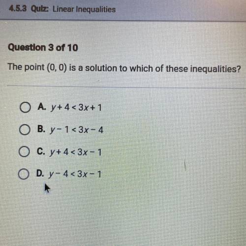 The point(0,0) is a solution to which of these inequalities?