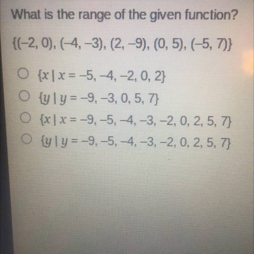 What is the range of the given function?

A. {(-2, 0), (-4,-3), (2, -9), (0,5), (-5, 7)}
B. {xx =