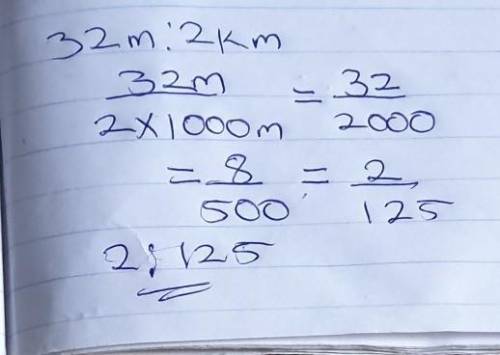 Simplify the following equation 32m : 2km​