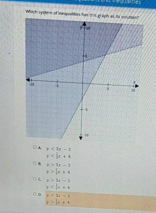 ((PLEASEEE HELP))

Which system of inequalities has this graph as its solution? ((Graph in Picture